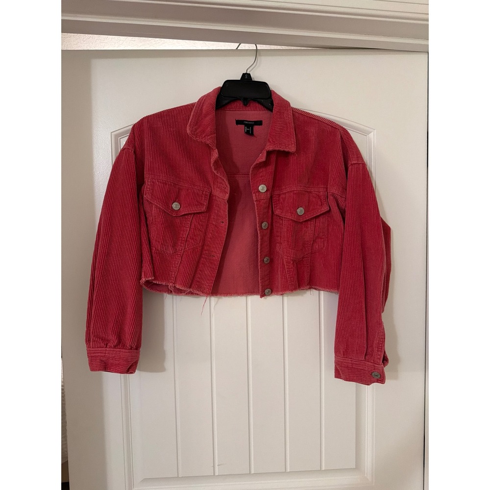 Forever 21 Womens Small Pink Corduroy Cropped Jacket Raw Hem Trucker Coat